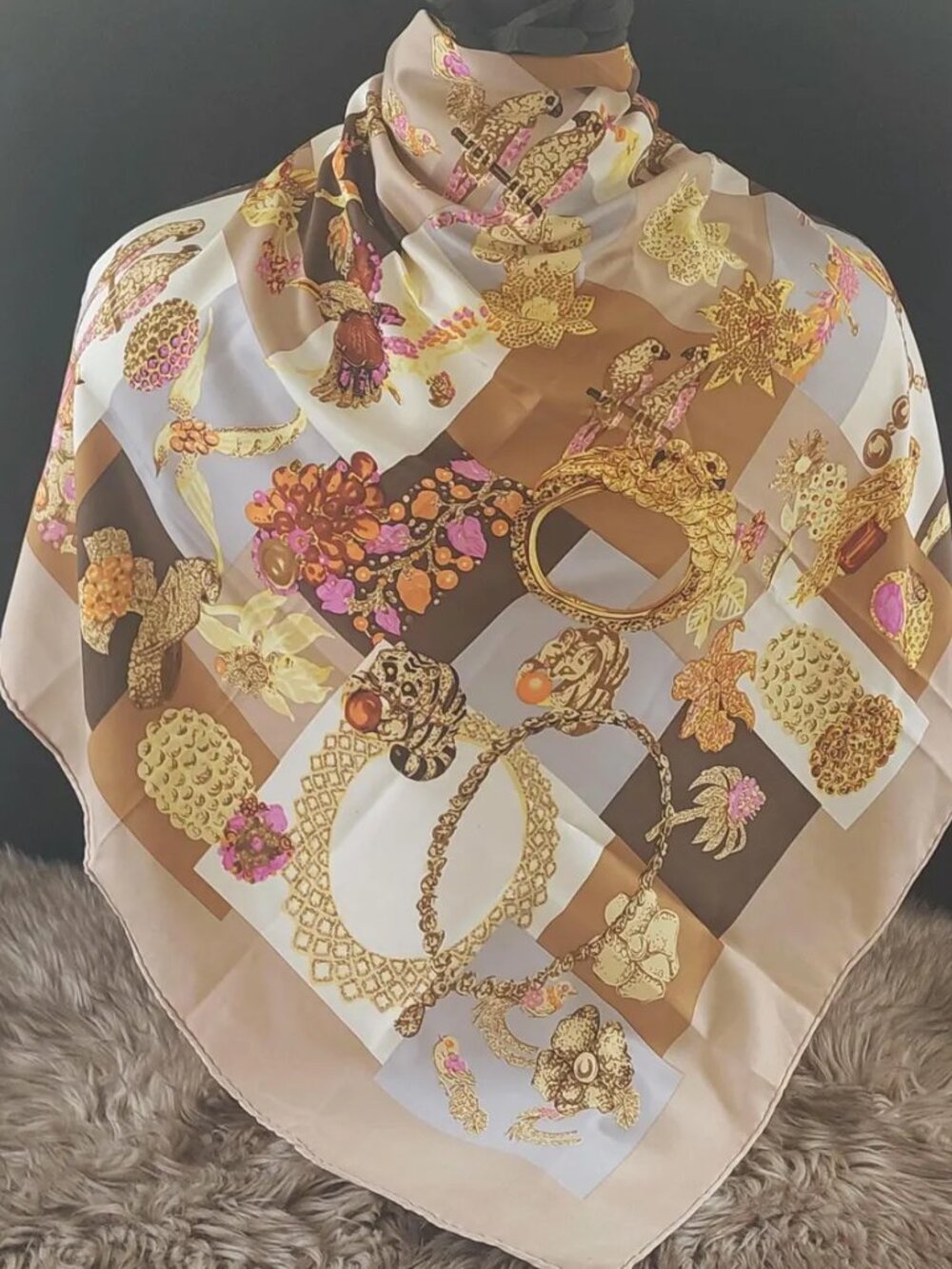 Vintage 33-inch French Silk Scarf: Gold Leopard Parrot Jewelry Print Luxury Squa
